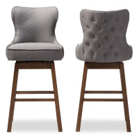 Baxton Studio BBT5246B-BS-Grey-XD45 Gradisca Brown Wood Finishing and Grey Fabric Button-Tufted Upholstered Swivel Barstool Set of 2